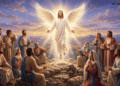 La Sofía de Jesucristo: Jesús resucitado flotando sobre un monte, envuelto en luz y con alas de ángel, sonriendo a un grupo de discípulos y mujeres que lo contemplan asombrados, algunos arrodillados y otros cubriéndose el rostro.