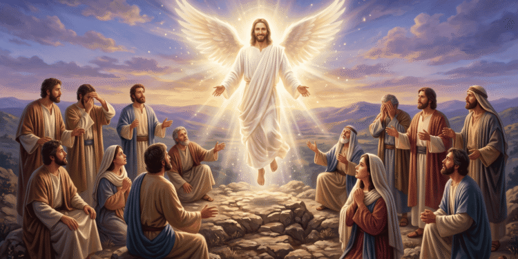 La Sofía de Jesucristo: Jesús resucitado flotando sobre un monte, envuelto en luz y con alas de ángel, sonriendo a un grupo de discípulos y mujeres que lo contemplan asombrados, algunos arrodillados y otros cubriéndose el rostro.