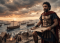 Ilustración fotorrealista de Temístocles, un hombre con barba y una coraza de bronce, con un manto rojo y un rollo de papiro o mapa en las manos, sobre un acantilado. Al fondo, trirremes en el mar, campamentos junto a la costa y un cielo tormentoso al atardecer.