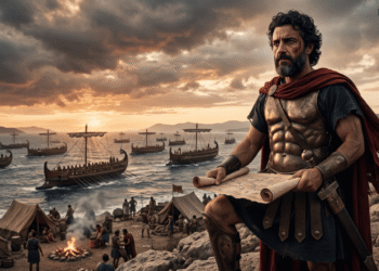 Ilustración fotorrealista de Temístocles, un hombre con barba y una coraza de bronce, con un manto rojo y un rollo de papiro o mapa en las manos, sobre un acantilado. Al fondo, trirremes en el mar, campamentos junto a la costa y un cielo tormentoso al atardecer.