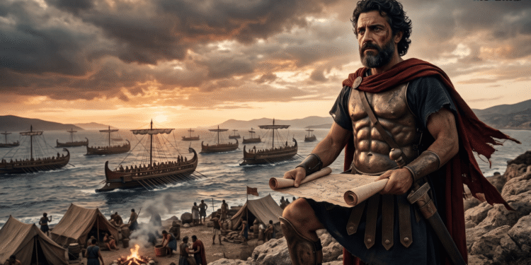 Ilustración fotorrealista de Temístocles, un hombre con barba y una coraza de bronce, con un manto rojo y un rollo de papiro o mapa en las manos, sobre un acantilado. Al fondo, trirremes en el mar, campamentos junto a la costa y un cielo tormentoso al atardecer.