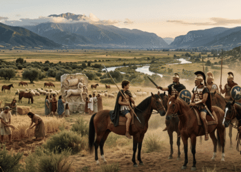 Representación artística de los tesalios: guerreros a caballo formados en fila portando lanzas y escudos decorados, observando civiles trabajando en los campos fértiles de Tesalia con ganado y monumento en piedra de fondo, montañas y río Alfeo visible, mostrando la supremacía de la caballería tesalia