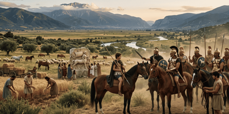 Representación artística de los tesalios: guerreros a caballo formados en fila portando lanzas y escudos decorados, observando civiles trabajando en los campos fértiles de Tesalia con ganado y monumento en piedra de fondo, montañas y río Alfeo visible, mostrando la supremacía de la caballería tesalia
