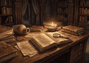 Escritorio de madera en una antigua biblioteca iluminada por una lámpara de aceite, con códices encuadernados en cuero, fragmentos de papiro con escritura antigua, una jarra de barro volcada y una lupa sobre un manuscrito abierto, representando a los textos gnósticos.