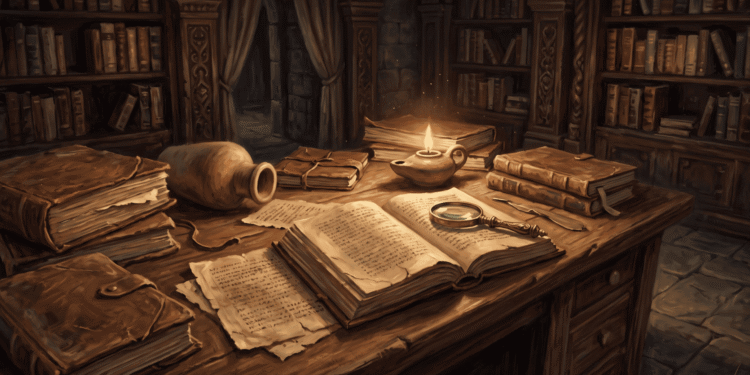 Escritorio de madera en una antigua biblioteca iluminada por una lámpara de aceite, con códices encuadernados en cuero, fragmentos de papiro con escritura antigua, una jarra de barro volcada y una lupa sobre un manuscrito abierto, representando a los textos gnósticos.